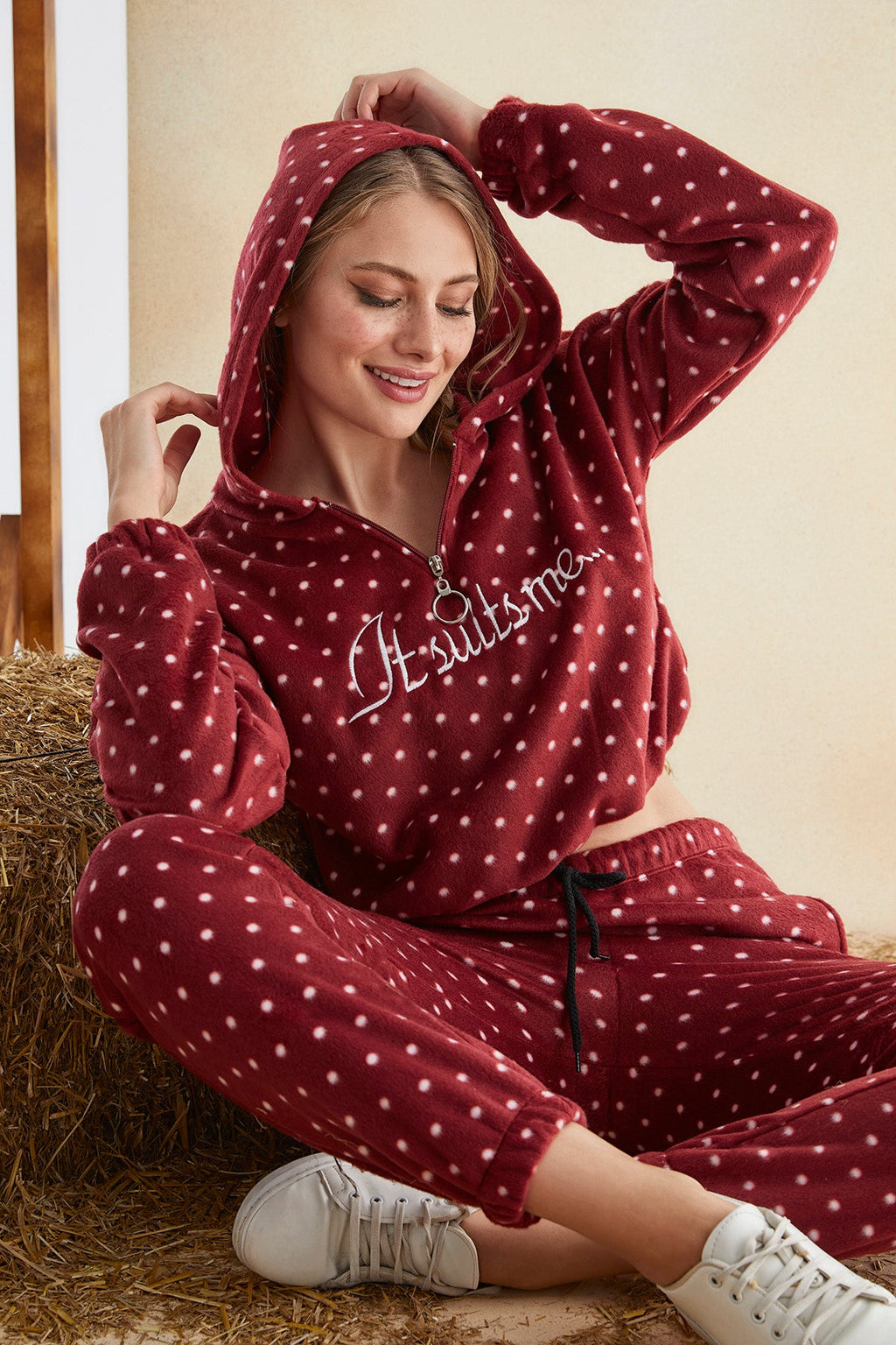Women’s Junior Cotton Pajama Set – 2-Piece Polka Dot Hoodie & Long Pants Loungewear-1