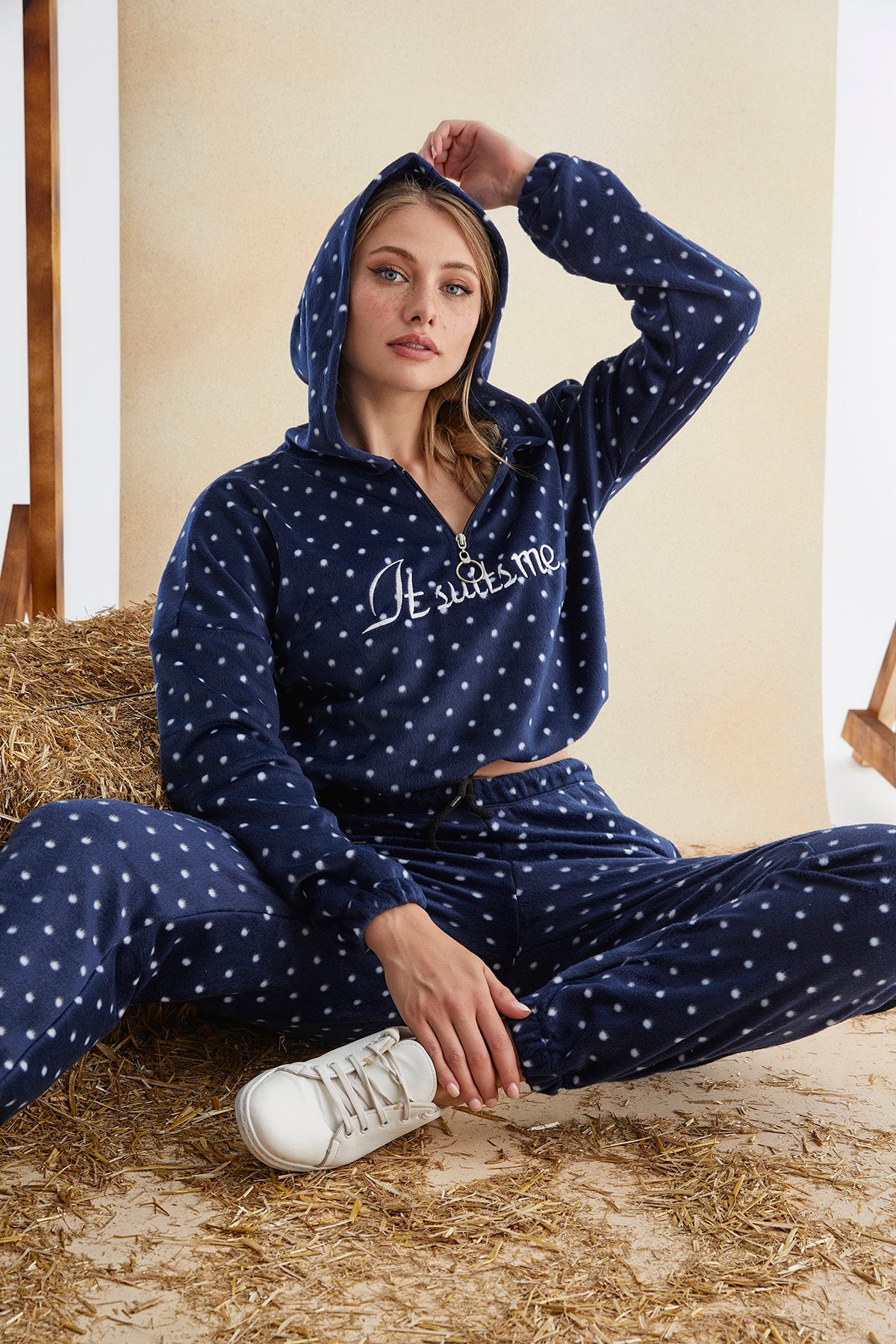 Women’s Junior Cotton Tracksuit Pajama Set – 2-Piece Polka Dot Crop Hoodie & Pants-0