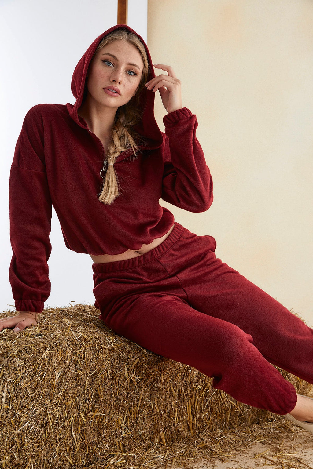 Women’s Junior Cotton Pajama Set – 2-Piece Rich Red Hoodie & Long Pants Loungewear-1