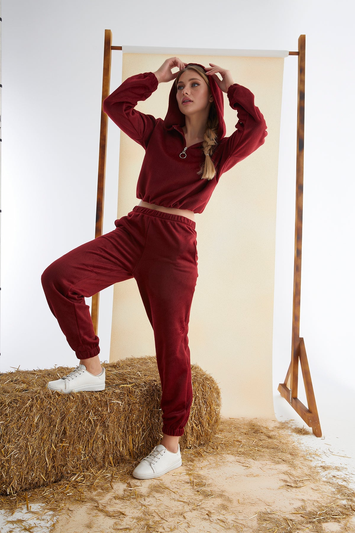 Women’s Junior Cotton Pajama Set – 2-Piece Rich Red Hoodie & Long Pants Loungewear-2