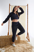 Women’s Junior Cotton Tracksuit Pajama Set – 2-Piece Black Crop Hoodie & Jogger Pants-0