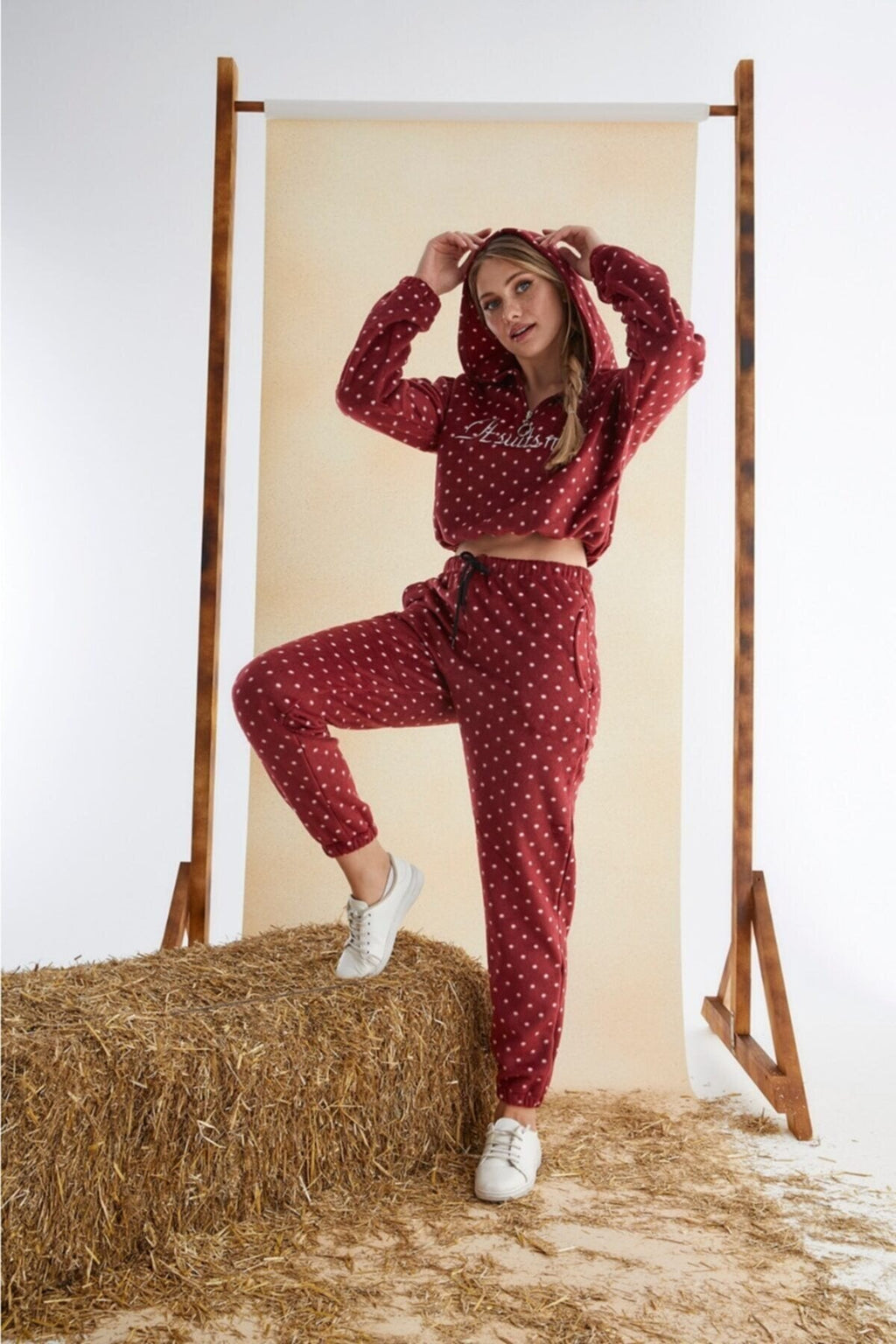 Women’s Junior Cotton Pajama Set – 2-Piece Polka Dot Hoodie & Long Pants Loungewear-2