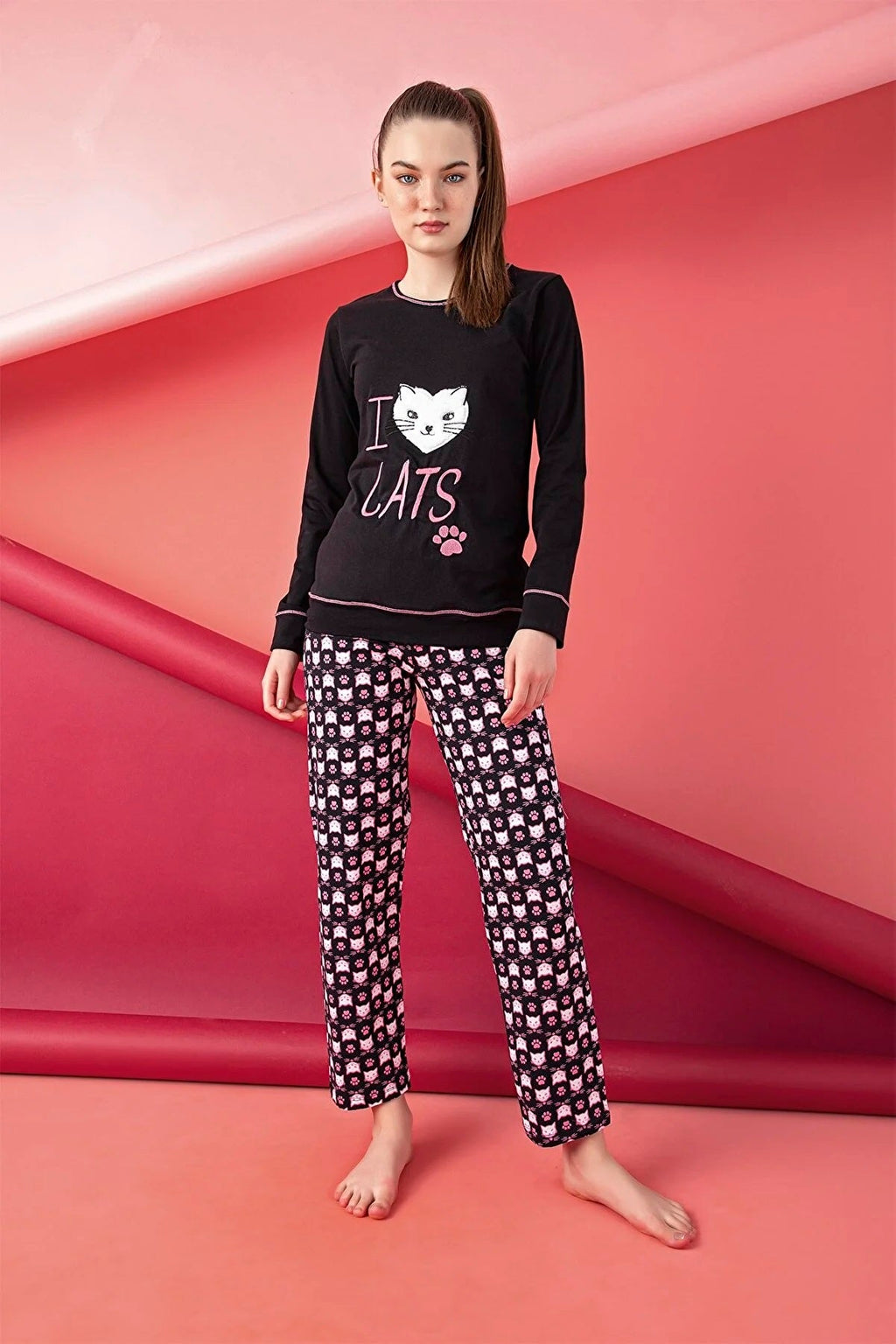 Women’s Junior Pajama Set 2-Piece Cotton Long Sleeve Top & Pants with Cat Print-0