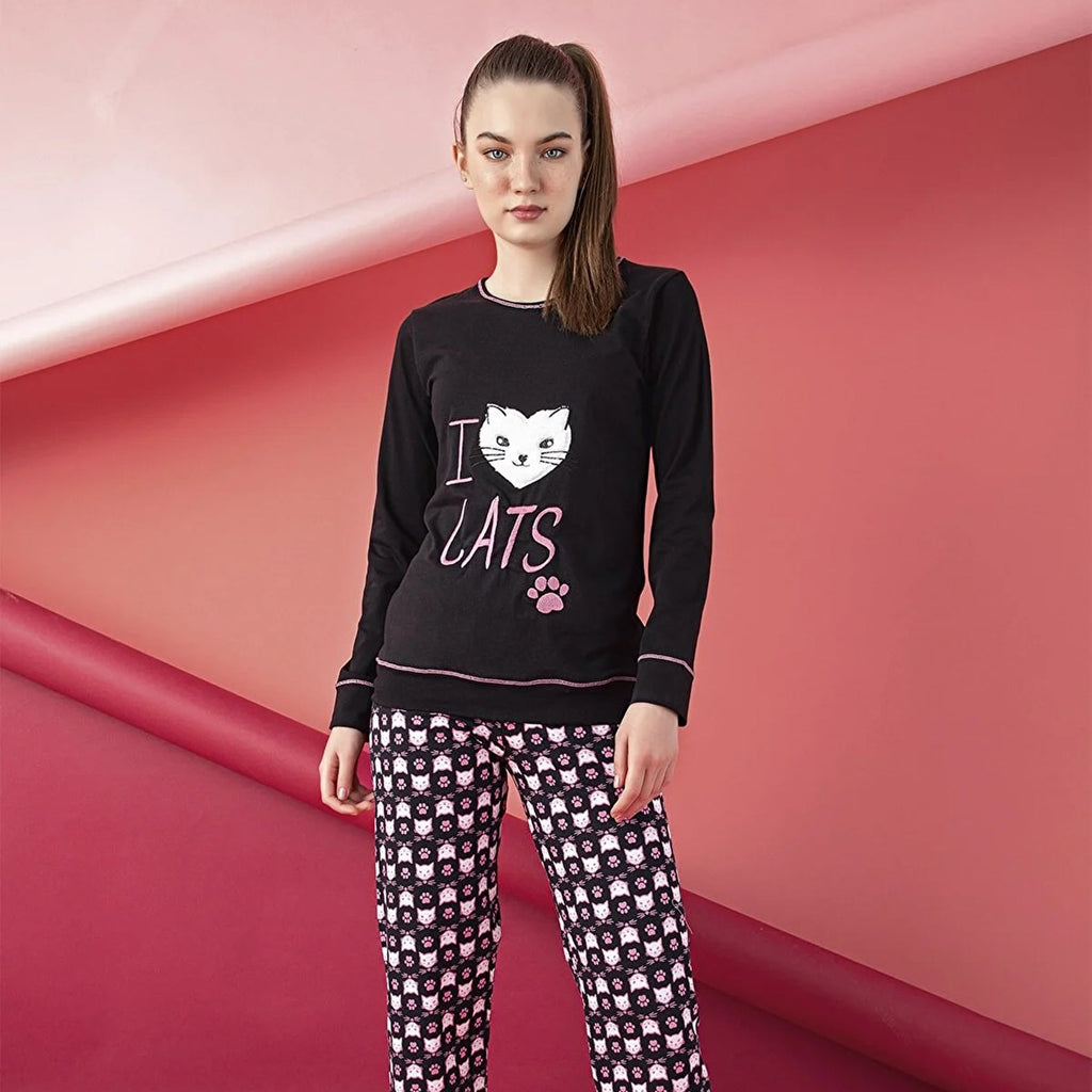 Women’s Junior Pajama Set 2-Piece Cotton Long Sleeve Top & Pants with Cat Print-2
