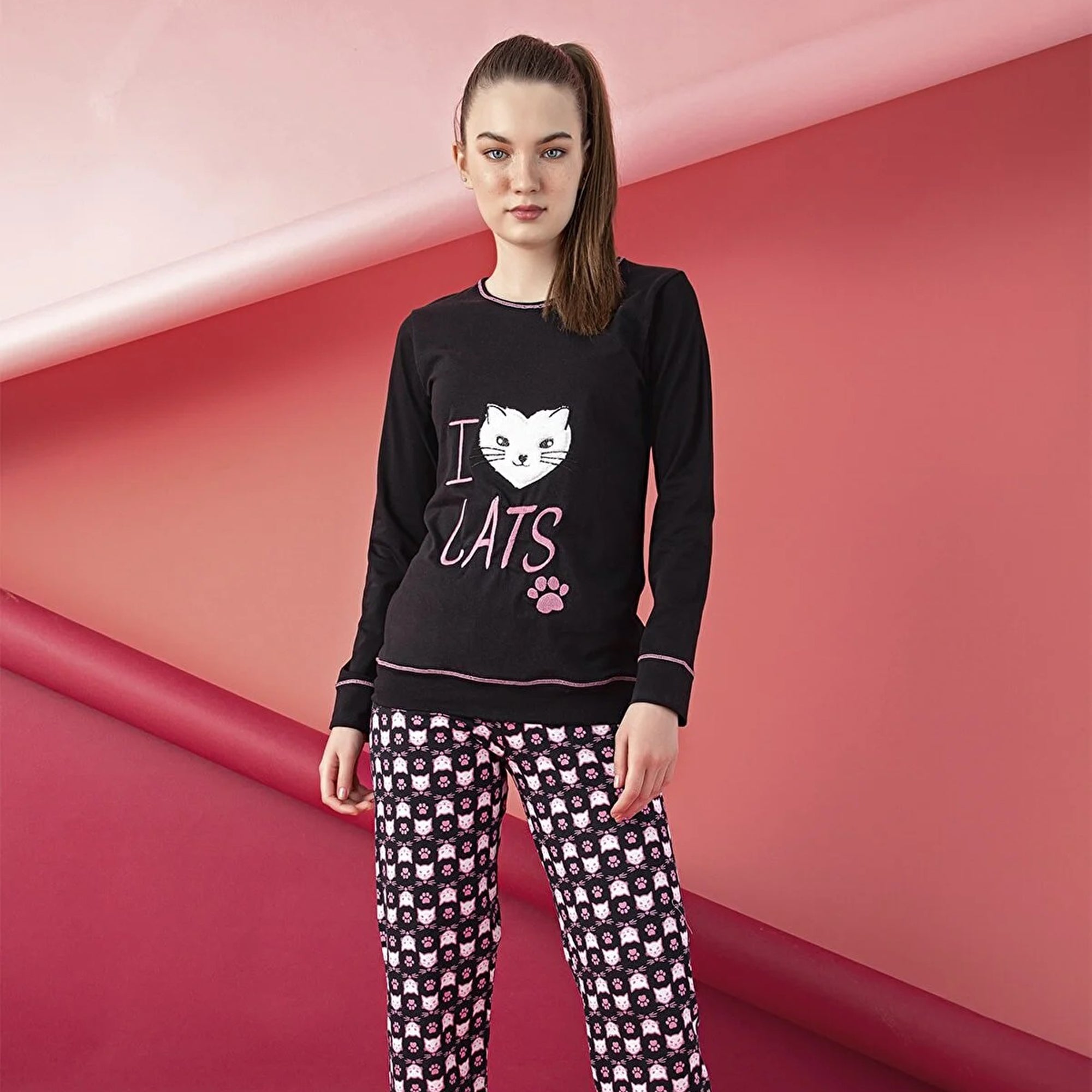 Women’s Junior Pajama Set 2-Piece Cotton Long Sleeve Top & Pants with Cat Print-2