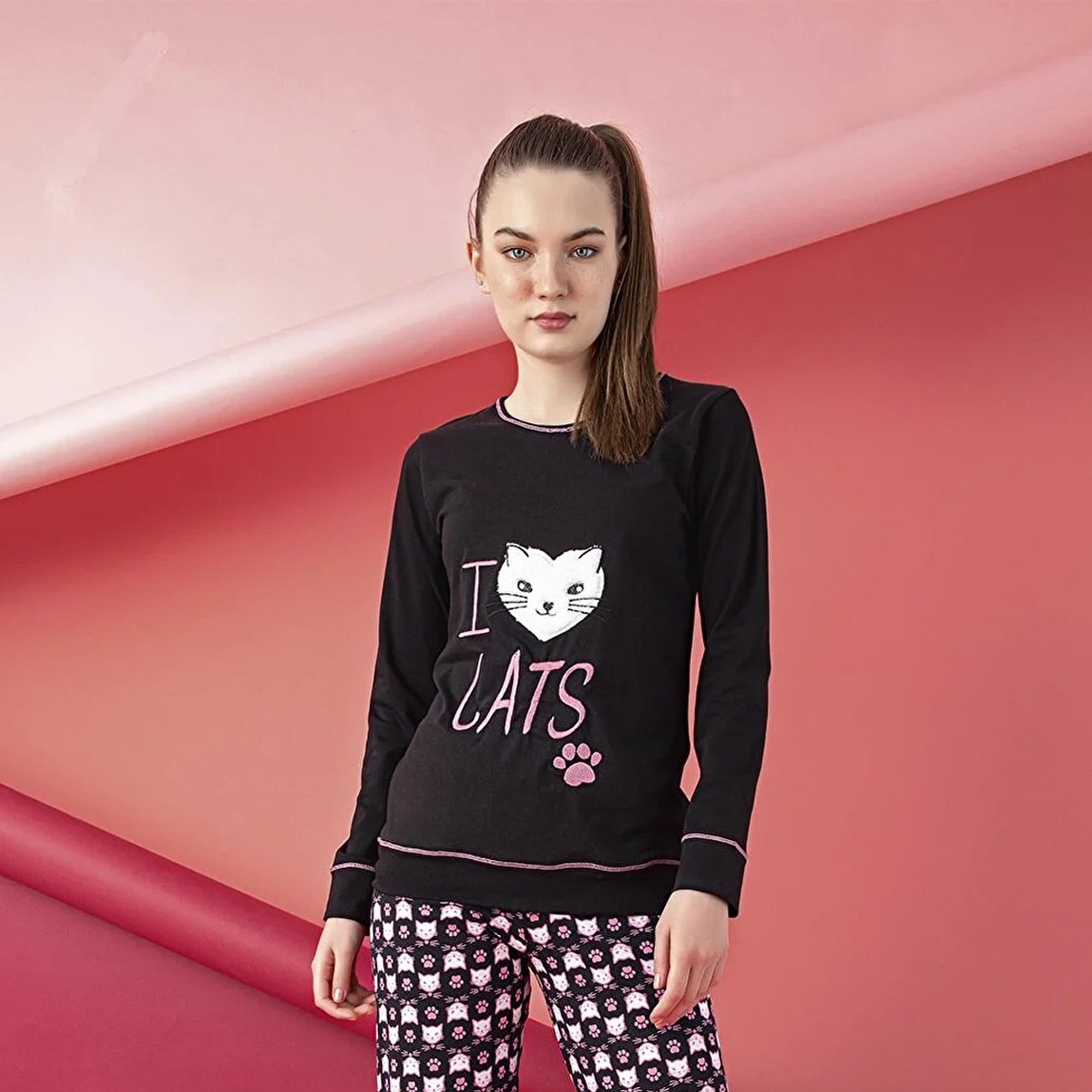 Women’s Junior Pajama Set 2-Piece Cotton Long Sleeve Top & Pants with Cat Print-3