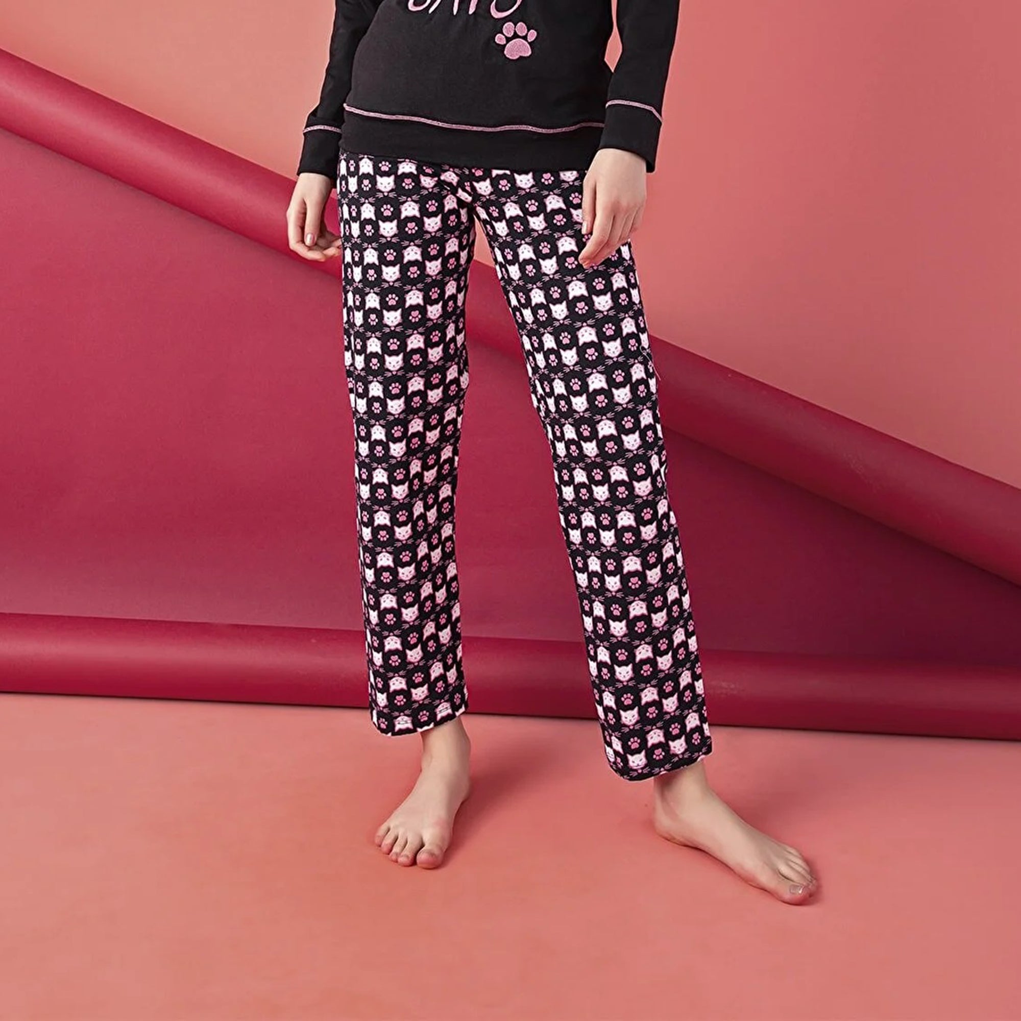 Women’s Junior Pajama Set 2-Piece Cotton Long Sleeve Top & Pants with Cat Print-4