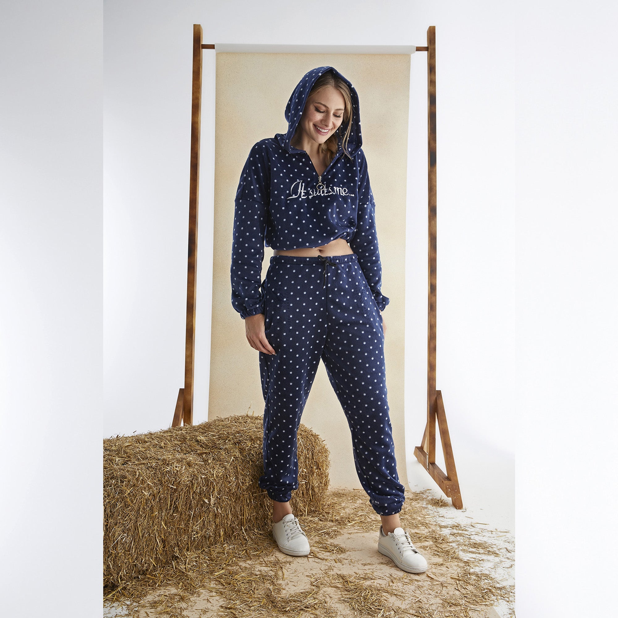 Women’s Junior Cotton Tracksuit Pajama Set – 2-Piece Polka Dot Crop Hoodie & Pants-3