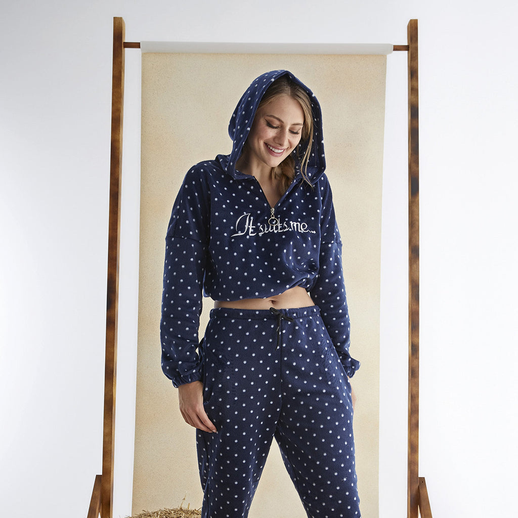 Women’s Junior Cotton Tracksuit Pajama Set – 2-Piece Polka Dot Crop Hoodie & Pants-4