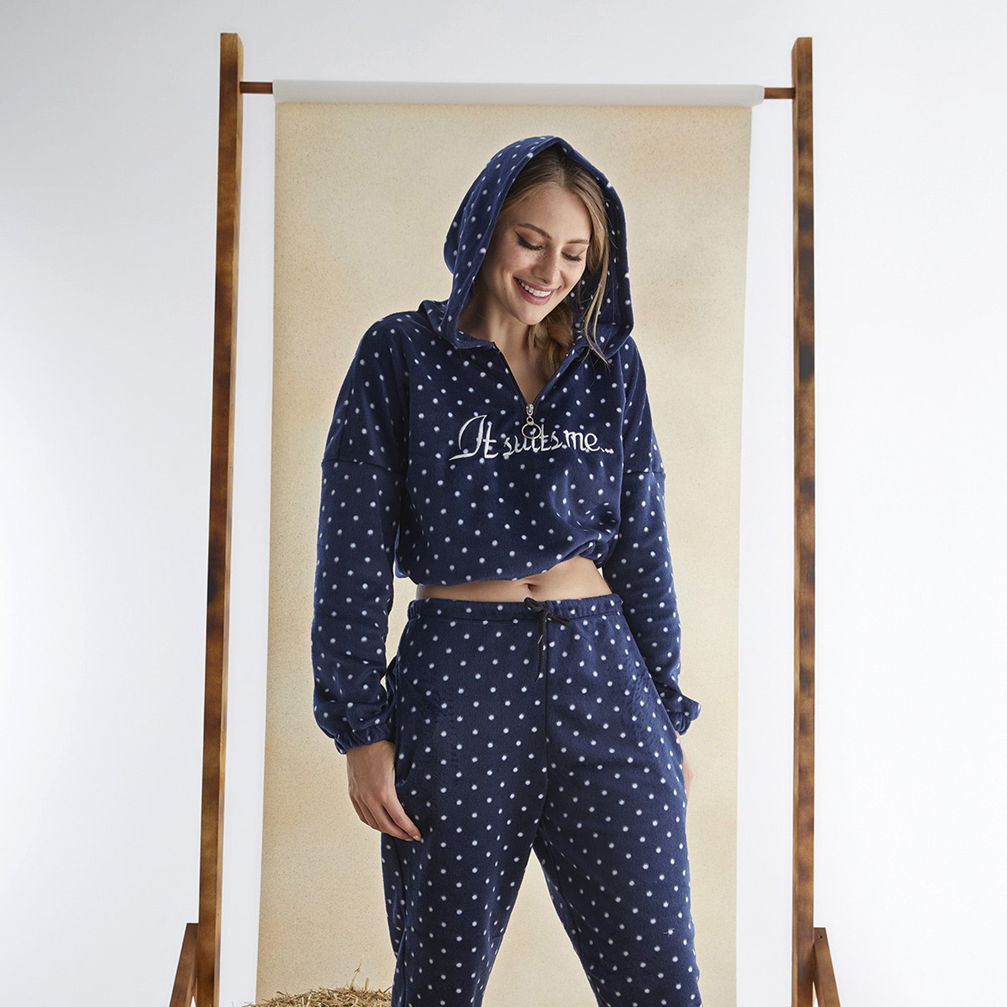 Women’s Junior Cotton Tracksuit Pajama Set – 2-Piece Polka Dot Crop Hoodie & Pants-4