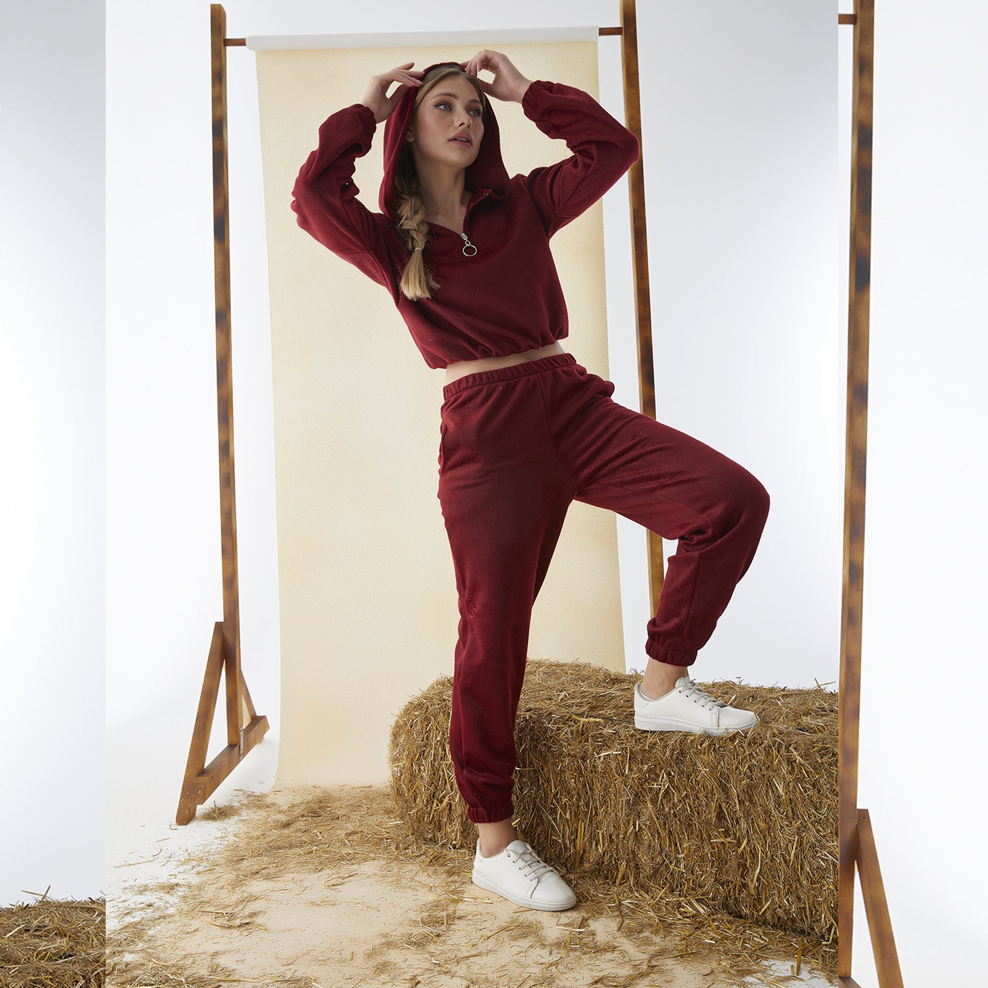 Women’s Junior Cotton Pajama Set – 2-Piece Rich Red Hoodie & Long Pants Loungewear-4