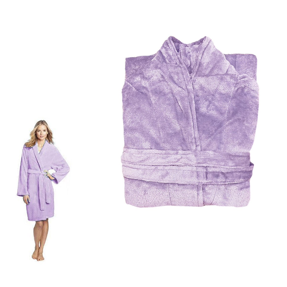 NNEDSZ 190GSM Ultra Soft Plush Fleece Bath Robe Lilac L-0