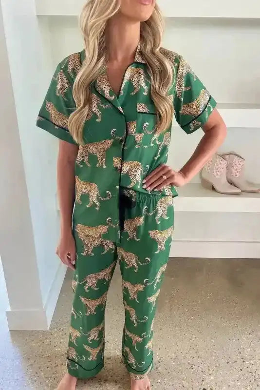 Green Cheetah Shirt and Pants Pajama Set-0